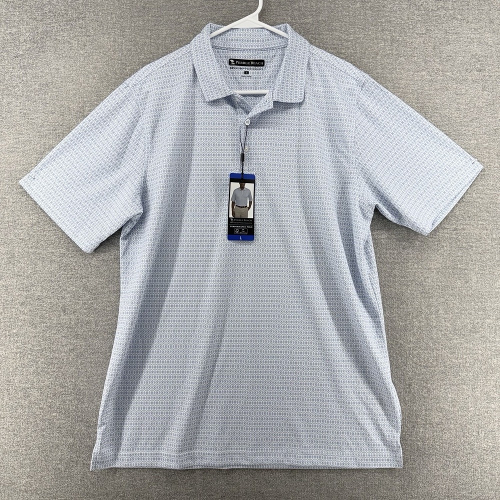 Pebble Beach Dry Luxe Performance Polo Shirt Men Size Large Blue Geometric NEW